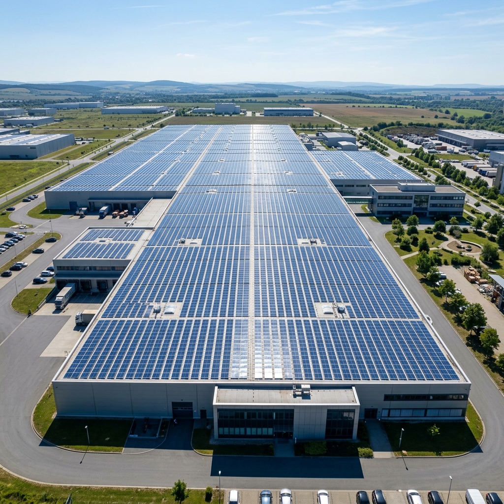 Fabrika çatısına kurulmuş büyük ölçekli güneş enerjisi santrali