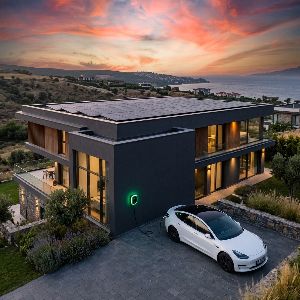 Villa çatısında güneş panelleri ve elektrikli araç şarj istasyonu